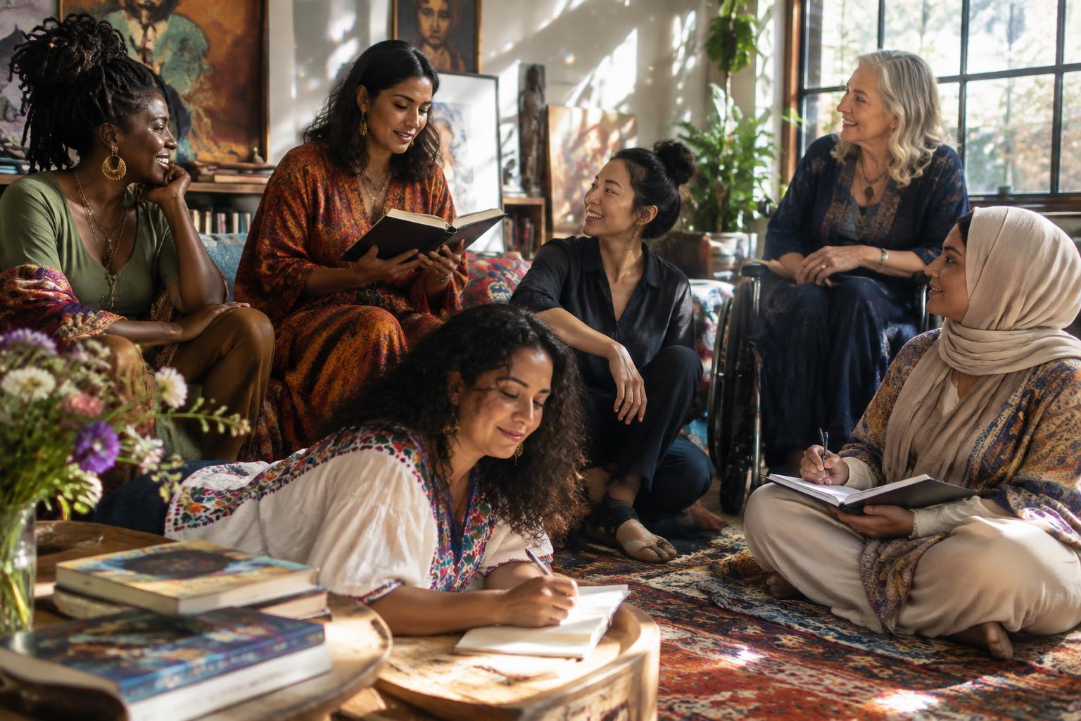 Inclusive editorial concept of women reading and reflecting together; not actual SheWiLL participants