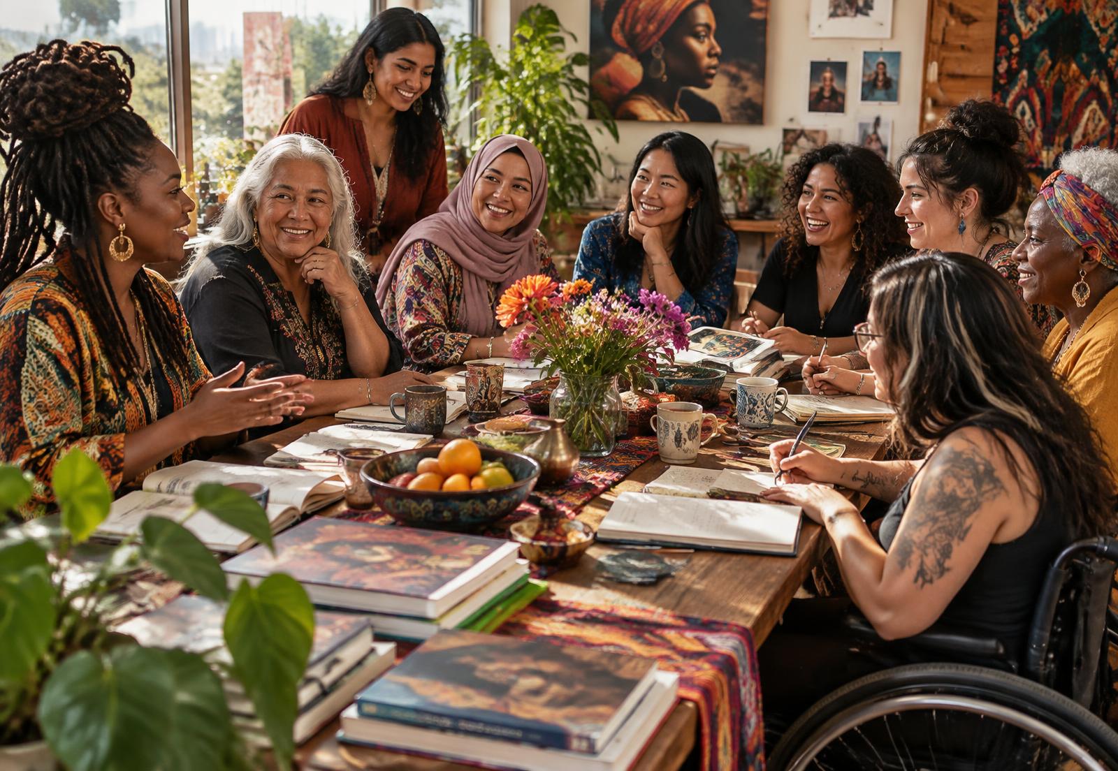 An inclusive multigenerational group collaborating around a creative table; editorial concept