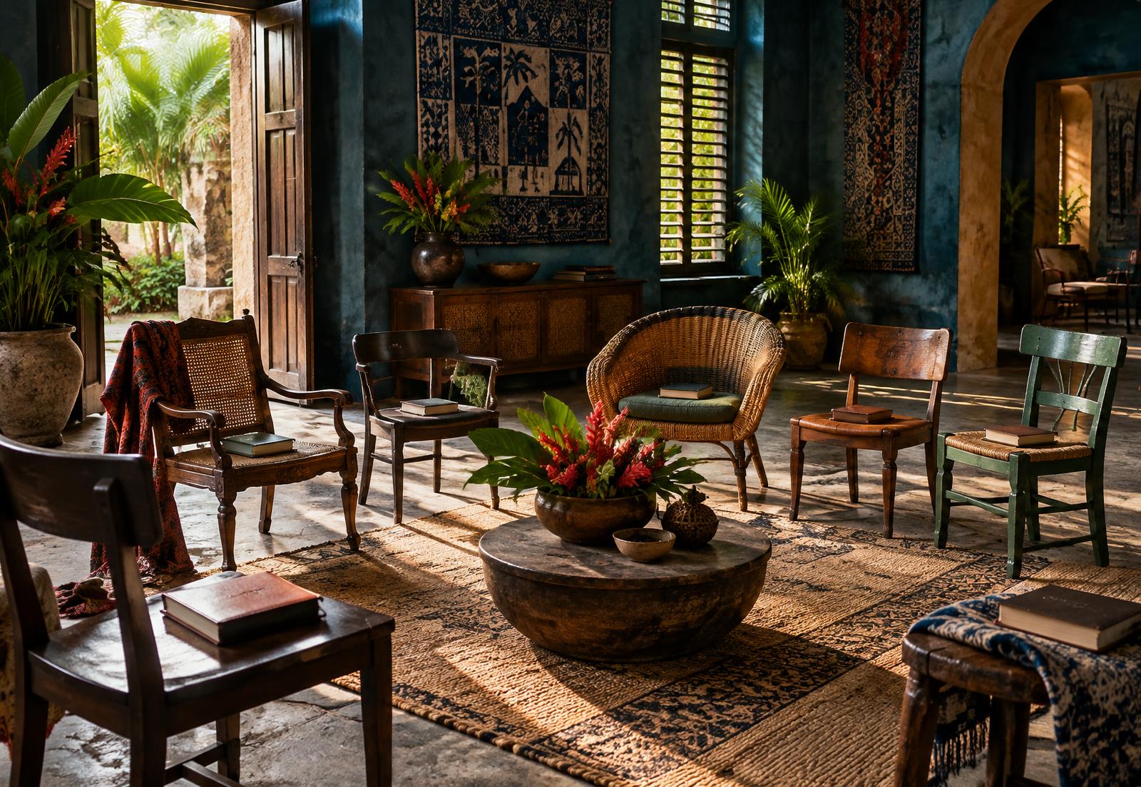 An empty, richly layered gathering room prepared for a story circle; editorial concept