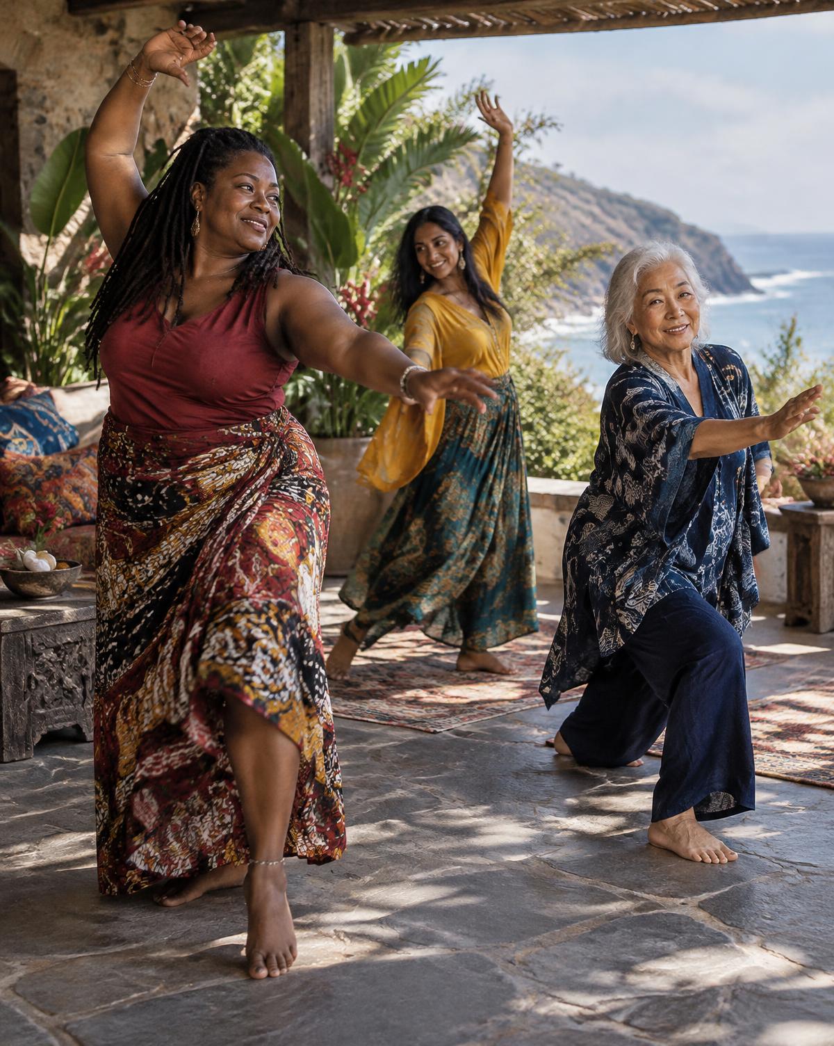 Three women of different generations in expressive movement outdoors; editorial concept, not an announced class